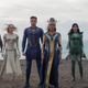 Marvel's Eternals heroes lined up on a beach in their fancy costumes.